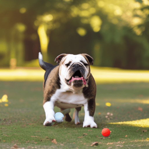 Bulldog playing with a ball in the park