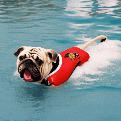 Bulldog swimming with a life jacket on