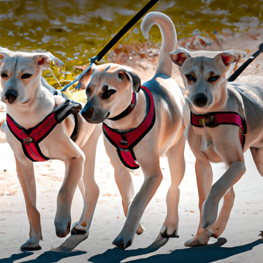 3 dogs walking on leash