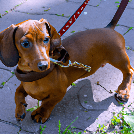 Dachshund brown walking on leash