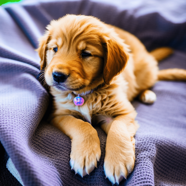 Golden Retriever puppy sitting on a blanket